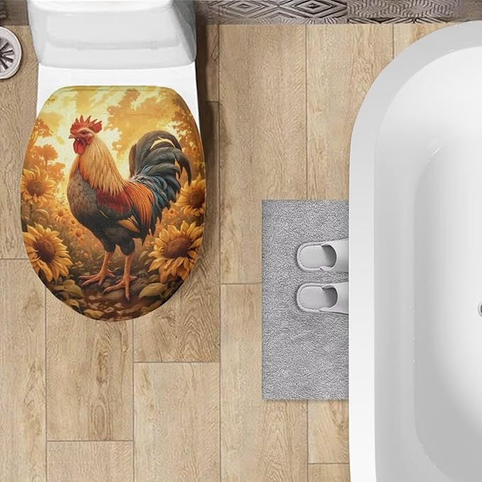 Toilet Seat Covers for Bathroom Rooster Sunflower Toilet Lid Covers Flannel Fabric Toilet Cover Set Stretch Washable Protector Cover Suitable for Home School Hotel Dormitory Apartment