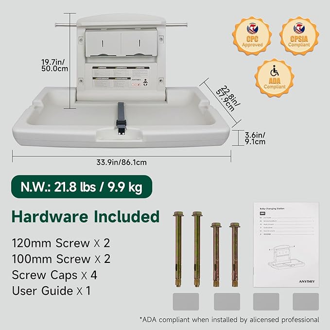 anydry Baby Changing Station Wall-Mounted, Foldable Diaper Changing Table with Safety Straps for Commercial Bathroom, in Elegant Grayish White