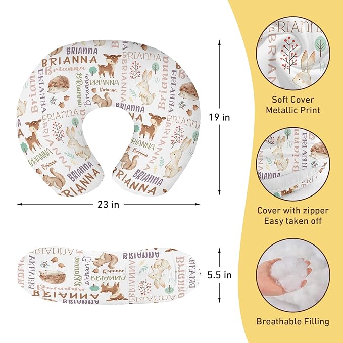 Baby Nursing Pillow Cover - Personalized Name Breastfeeding Pillow Cover with Rabbit Pattern, Stretchy Removable U-Shaped for New Moms, Soft Breathable Slipcover for Infant Boys Girls