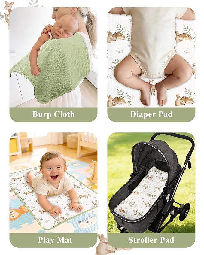 Waterproof Portable Changing Pad 2 Pack, Muslin Cotton Baby Changing Mat Comfortable & Breathable, Foldable Diaper Changing Pad for Travel, Machine Washable, Deer & Green