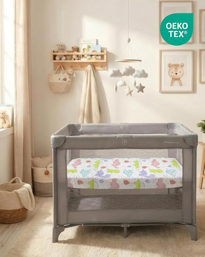 Pack and Play Sheets Fitted - 2 Pack Mini Crib Sheets for Pack N Play Mattress - Unisex Playard Microfiber Bedding for Boys & Girls - Soft, Breathable and Wrinkle Free - Oeko-Tex, 38 x 26in - Dinos