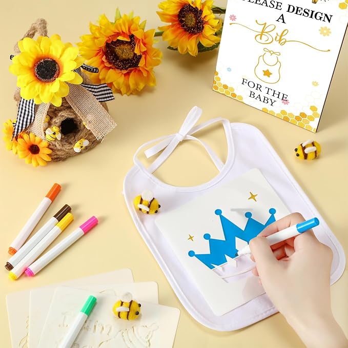 Panitay 100 Pcs DIY Baby Bibs Decorating Kit 50 White Bibs 25 Stencils 24 Markers 1 Baby Shower Game Sign