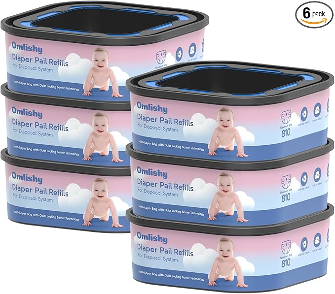 6 Pack Jumbo Square Bags Refill Compatible with Diaper Genie Compact, Select Pails (Not Fit Classic), Disposal Bag Refills with Continuous Film, Hold Up to 810 Newborn-Sized Diapers