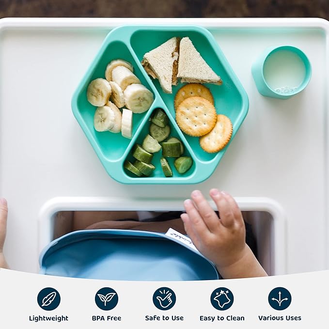 Tiny Twinkle Silicone Suction Baby Plate, Suction Grip Divided Dish for First Foods and Self-Feeding Toddlers, Baby Led Weaning Supplies for Independent Eating (Mint Plate with Lid)
