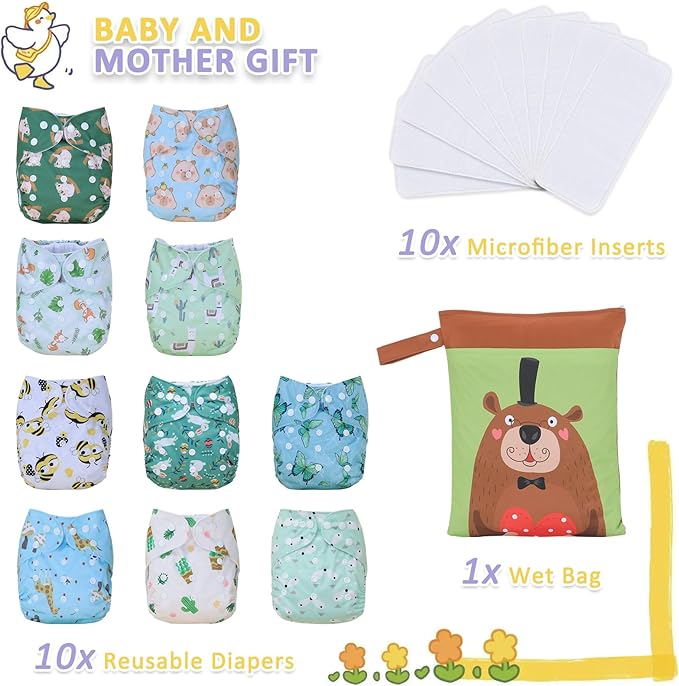 TDIAPERS Cloth Diaper Covers Reusable Washable Pocket Diapers One Size Adjustable for Baby 10 Pack with 10 Pcs Microfiber Inserts, 1 Wet Bag