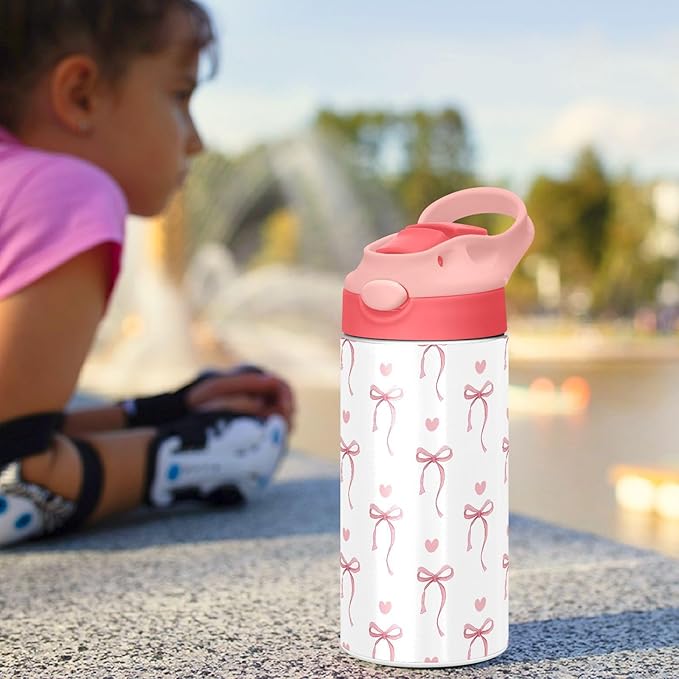 Pink Ribbon Bow Kids Water Bottle with Straw and Carry Handle Heart Bow Tie White Cute Vacuum Insulated Stainless Steel Bottles Leak-Proof for Boys Girls Toddler 12 oz Pink Lid