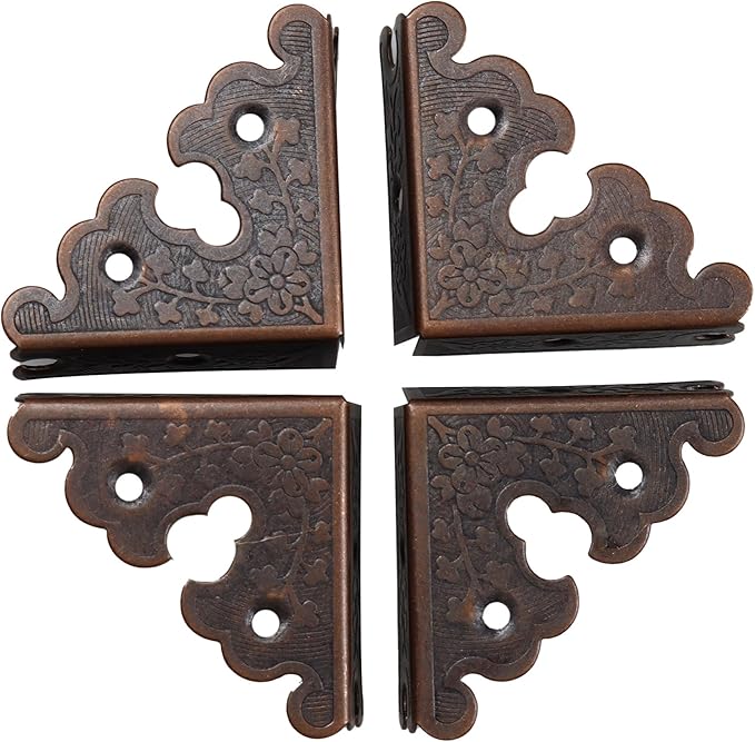 4Pcs 1.37"x1.37" Furniture Corner Protectors, Vintage Corner Guard Metal Edge Guards Decorative for Jewelry Box Cabinet Wooden Case with Screws, Red Bronze