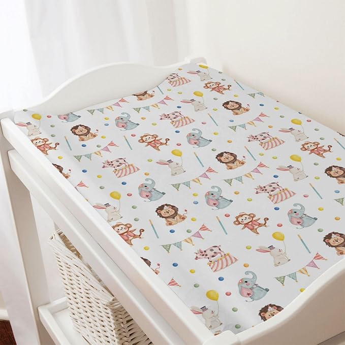 Watercolor Circus Animals Changing Pad Covers Cute Monkey Elephant Rabbit Pig Unisex Diaper Change Table Sheets for Boys Girls Soft Breathable Stretch Changing Mat Sheets Cover 32''x16''