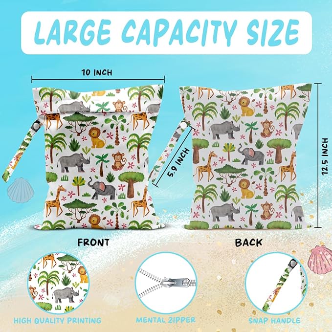 Wet Bag for Baby Swimsuit Kids Wet Dry Bag for Breast Pump Parts Diaper Bag Toiletries Daycare Organizer Beach Vacation Essentials Animal Jungle Waterproof Travel Laundry Bags