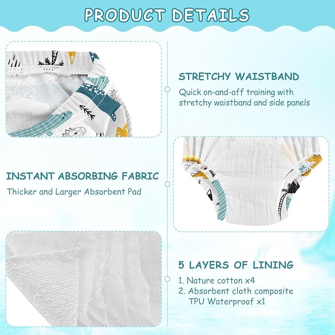 Bolaz Toddler Training Pants, Hand Drawn Dinosaur Cotton Potty Training Underwear for Baby Boy Girl 3-Pack