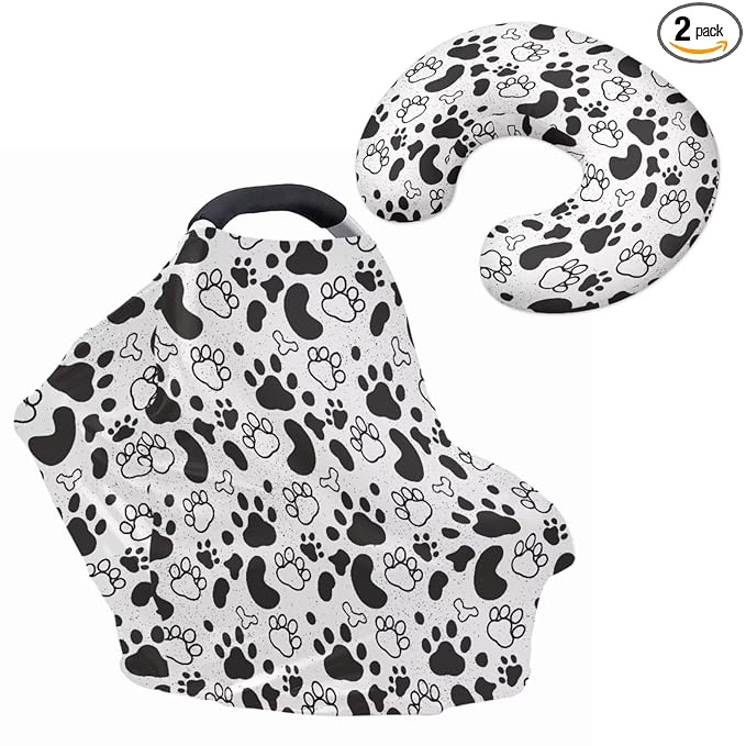 Dog Paws Print Baby Carseat Stroller Cover with U-Shaped Pillowcase for Boys Girls, Infant Toddler Privacy Nursing Breastfeeding Canopy, Grocery Shopping Cart Covers, 2 Piece