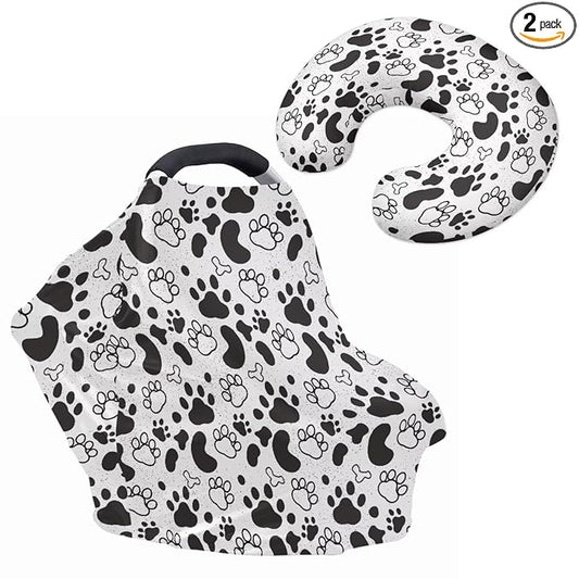 Dog Paws Print Baby Carseat Stroller Cover with U-Shaped Pillowcase for Boys Girls, Infant Toddler Privacy Nursing Breastfeeding Canopy, Grocery Shopping Cart Covers, 2 Piece