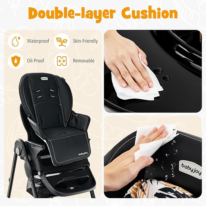 BABY JOY High Chair, Foldable Baby High Chair with Adjustable Height, Recline & Footrest, Double Removable Tray, Storage Basket, Portable Chair with Wheels for Babies & Toddlers (Black)
