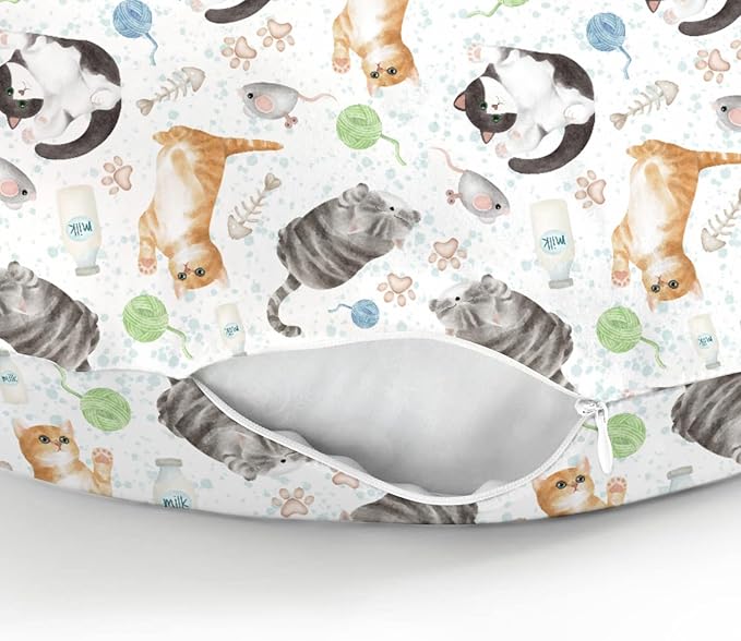 Cute Cat Baby Nursing Pillow Covers for Boy Girl Watercolor Cat Paws Mouse Toy Balls Neutral Nursery Pillowcase for Breastfeeding Pillows Cats Lovers Gift Soft Stretchy Slipcovers for Newborn Infant