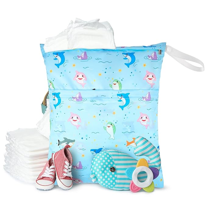 Frienda 4 Pieces Cloth Diaper Wet Dry Bag, Waterproof Reusable Washable Bag for Baby Items and Travel Zippered Pockets with Handle, Beach, Swimsuit, Dirty Gym Clothes and Toiletries(Animal)