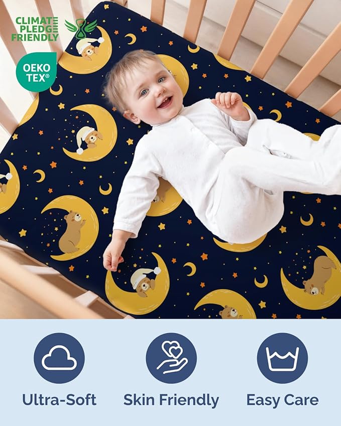 Baby Crib Sheets for Boys & Girls - Pack of 2 Fitted Microfiber Crib Sheets for Standard Crib & Toddler Mattress - Soft, Breathable & Wrinkle Free - Machine Washable, Oeko Tex - 52x28x8in - Moon Bear