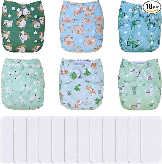 TDIAPERS Cloth Diapers Reusable Washable Pocket Diapers Cover One Size Adjustable for Baby 6 Pack with 12 Inserts