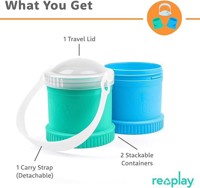 Re-Play Snack Stack Toddler Containers, 2 Sets - Stackable Cups with Travel Lid & Strap for On-the-Go, BPA-Free, Made in USA, Aqua/Sky