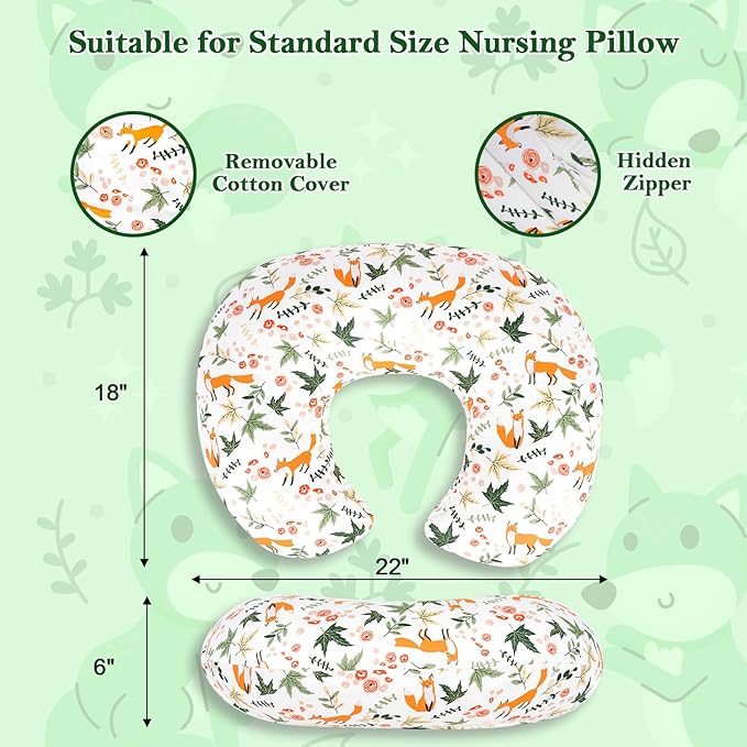 Nursing Pillow Cover, Fits Standard Breastfeeding Pillows – Ultra Soft Cotton, Breathable, Hypoallergenic & Washable – Adorable Fox Pattern for Newborn Baby Girls & Boys (1 Pack, Cover Only)