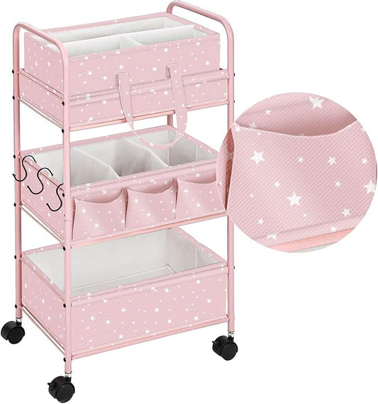 Yookeer 2in1 Baby Diaper Caddy Organizer Cart 3 Tier Large Capacity Metal Utility Bedside Rolling Cart with Divider Newborn Registry Gift Nursery Essential Must Have Bedroom Baby Shower(Pink,Star)