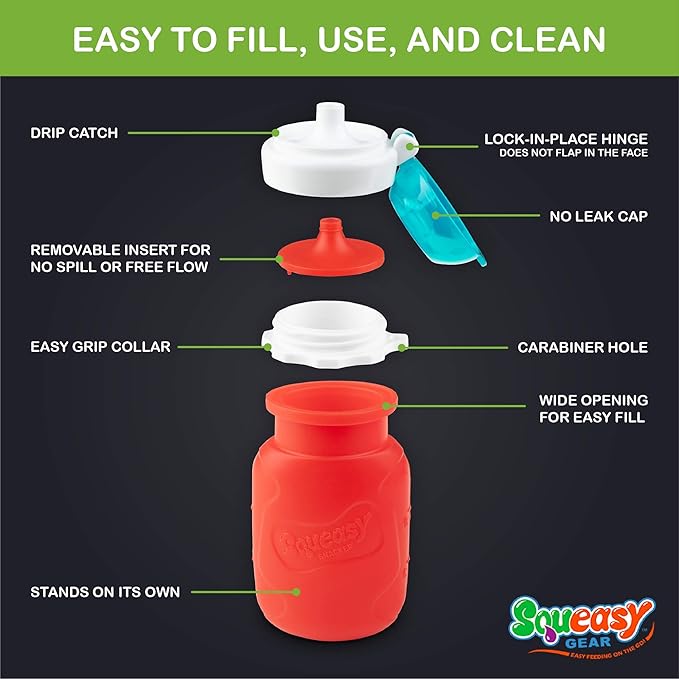 Red 3.5 oz Squeasy Snacker Spill Proof Silicone Reusable Food Pouch - for Both Soft Foods and Liquids - Water, Apple Sauce, Yogurt, Smoothies, Baby Food - Dishwasher Safe