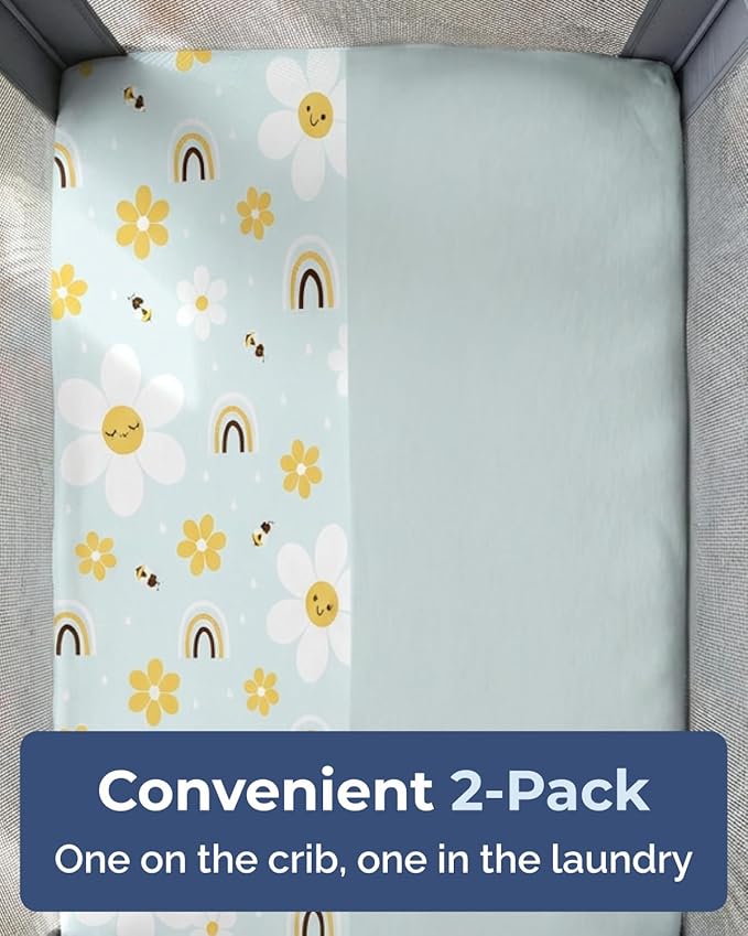 Pack and Play Sheets Fitted - 2 Pack Mini Crib Sheets for Pack N Play Mattress - Unisex Playard Microfiber Bedding for Boys & Girls - Breathable & Wrinkle Free - Oeko-Tex, 38 x 26in - Rainbow Bloom