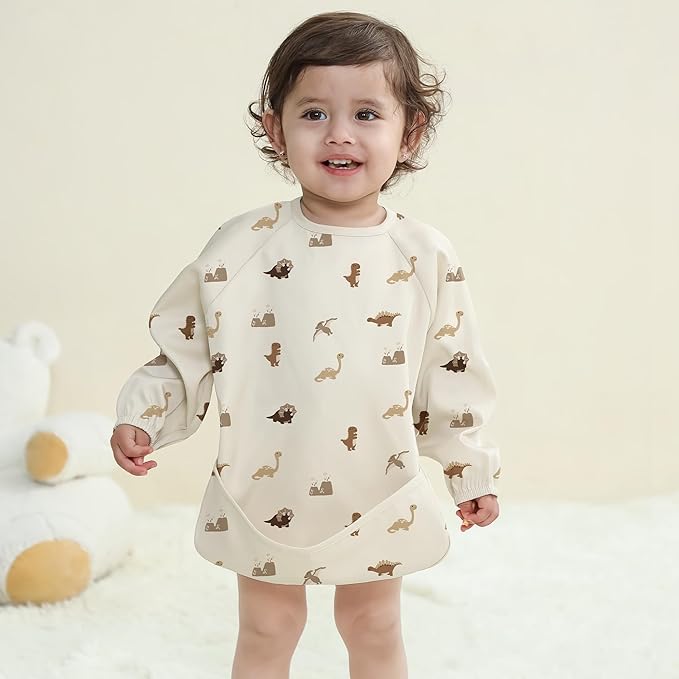 Susurration Long Sleeve Bib for Babies & Toddlers Waterproof Bibs 2 Pack Reusable Feeding Bibs with Sleeves with Food Pocket, 6-36 Months Baby Eating Essentials - Brown Dinosaur