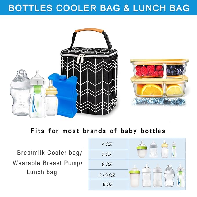 BreastMilk Cooler Bag with Ice Pack Fits 4 Baby Bottles Up to 9 Ounce, Baby Bottle Bag Fits for Nursing Mom Daycare, Black