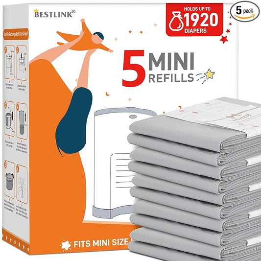 5 Pack Refills Compatible with DEKOR MINI Diaper Pails | 20% Extra Length Diaper Pail Refill Bags Liners Holds 1920 Diapers | Ultimate Odor Control with Baby Scented