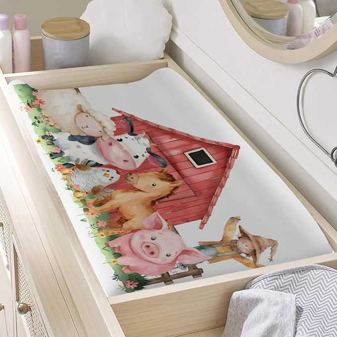 Watercolor Farm Animals Cow Chicken Horse Sheep Flowers Floral Baby Changing Pad Cover, Unisex Farm Life Theme Nursery Diaper Changing Table Pad Mat Sheet for Boys Girls-16x32