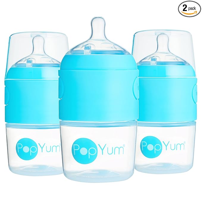 PopYum 5 oz Blue Anti-Colic Formula Making/Mixing/Dispenser Baby Bottles, 3-Pack with #1 Slow Flow Nipples, 150 ml, BPA-Free, Natural Latch