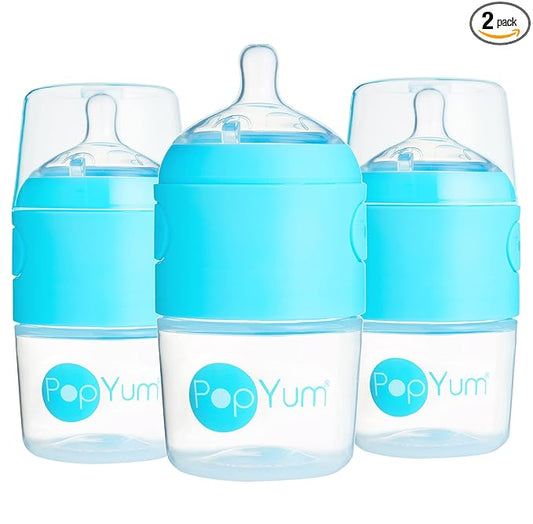 PopYum 5 oz Blue Anti-Colic Formula Making/Mixing/Dispenser Baby Bottles, 3-Pack with #1 Slow Flow Nipples, 150 ml, BPA-Free, Natural Latch
