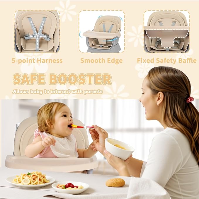 Kinder King 8 in 1 Baby High Chair, Coverts to Dining Booster Seat/Kids Table & Chair Set/Toddler Building Block Table/Kids Stool, Removable Tray & Double Seat Cover, Easy to Wipe, Grey & Coffee