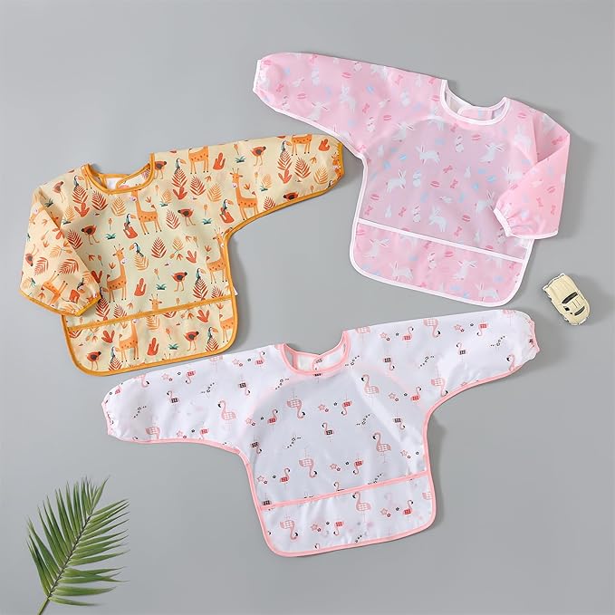 5-Pack Baby Long Sleeve Waterproof Bib Full Coverage Apron Bib Smock Toddler Bibs with Pocket 3-30 Months