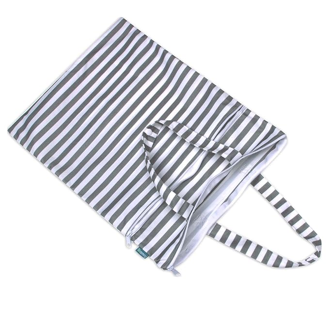 Teamoy Travel Hanging Wet Dry Bag Organizer (17.3 x 13.4 inches) with Two Compartments for Cloth Diaper, Laundry, Swimsuits and More, Easy to Hang Everywhere (M, Gray Strips)