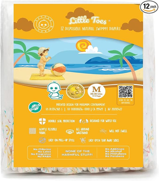 Little Toes Premium Natural Disposable Swim Diapers, Size 3-4 Medium (20-30 lbs) (12 Count) | Baby Disposable Swim Diapers | Hypoallergenic, Chlorine & Fragrance-Free | Gentle on Sensitive Skin