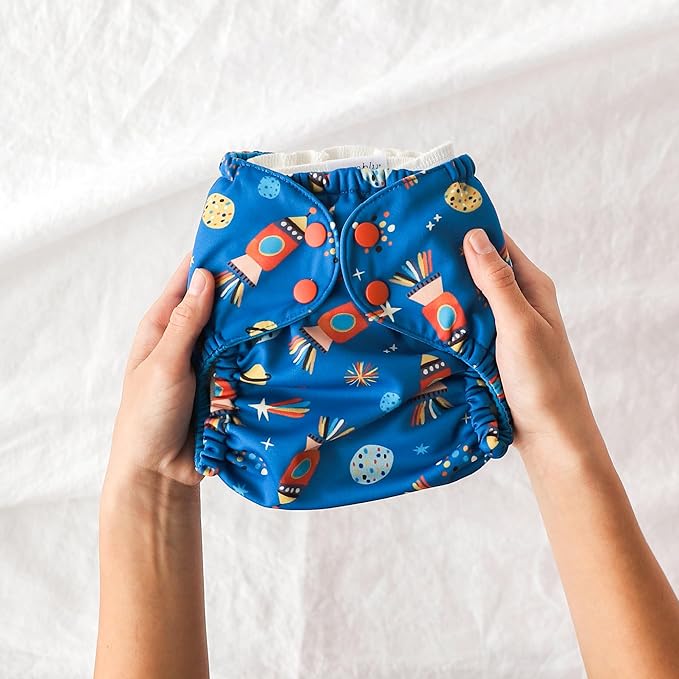 Esembly Cloth Diaper Cover - Reusable Swim Diaper, Waterproof, Breathable - Adjustable Outer Layer Over Absorbent Inner for Blowout Protection - Blast Off, Size 1 (7-17lbs)