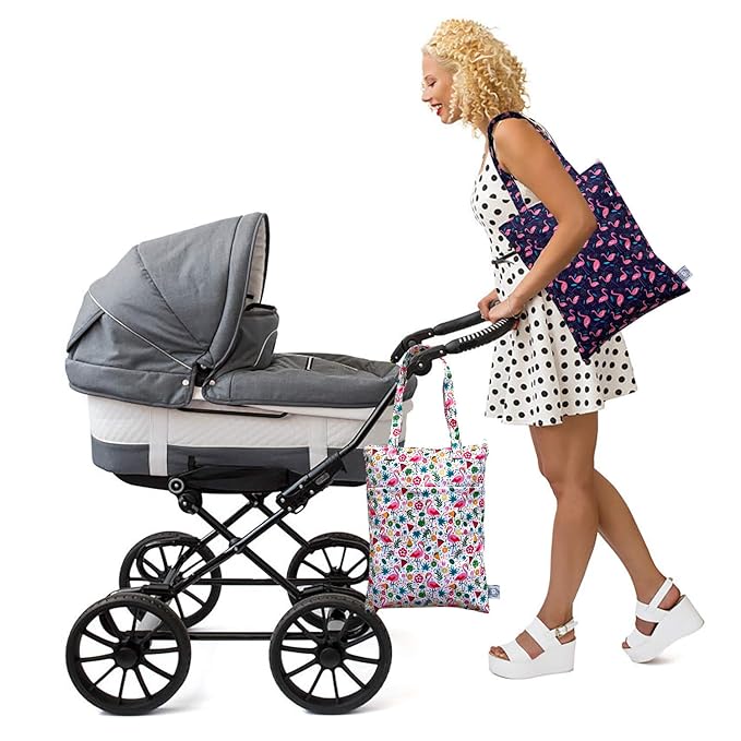FLOCK THREE 2pcs Wet Dry Bag Waterproof Tote Reusable Wet Clothes Baby Diapers Stroller Swimsuit Travel Small Larger Electronics Toiletries Pouch Flamingo