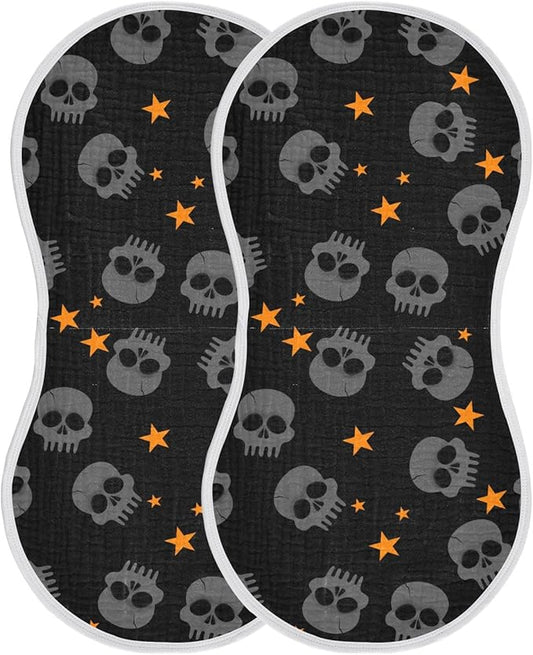 Halloween Skull Muslin Burp Cloths for Baby Boys and Girls - 2-Pack Ultra Absorbent Muslin Washcloths, Newborn Towel, Milk Spit Up Rags, Burp Cloth Bibs for Unisex, 22 x 11 Inch