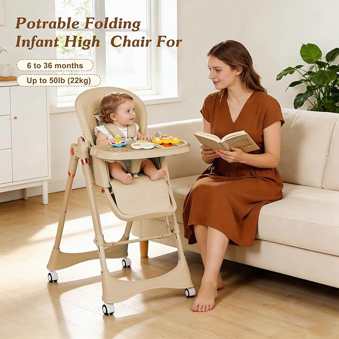 3-in-1 Baby High Chair with Soothing Rocker | Convertible Baby High Chair for Toddlers | Brake Wheels, Easy Clean, Space Saving | Adjustable, Removable Tray (Brown)