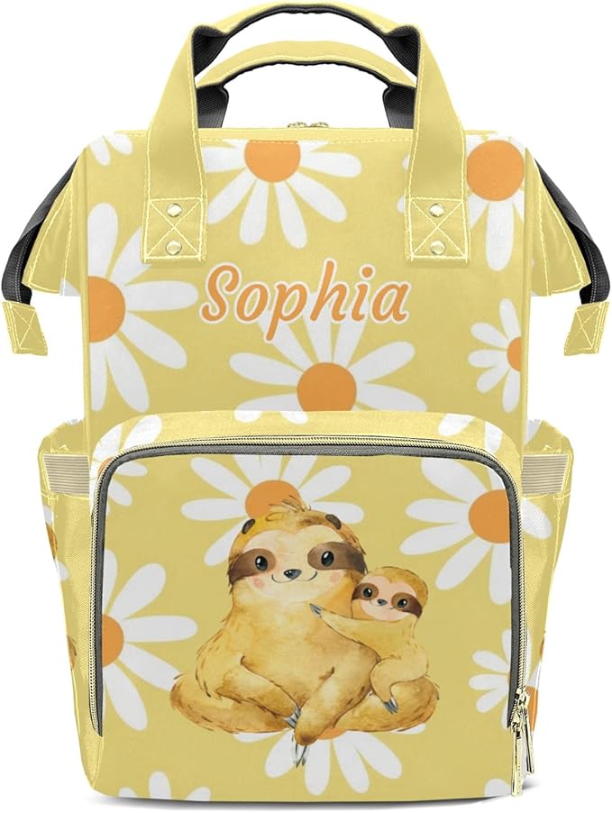 Sloth White Daisy Cute Diaper Bag Baby Nappy Bag Daughter Multi-Function Custom Baby Bag Picnic Diaper Carrying Bag Unisex Gifts with Name