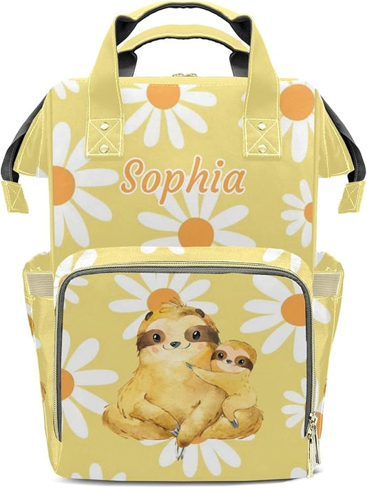 Sloth White Daisy Cute Diaper Bag Baby Nappy Bag Daughter Multi-Function Custom Baby Bag Picnic Diaper Carrying Bag Unisex Gifts with Name