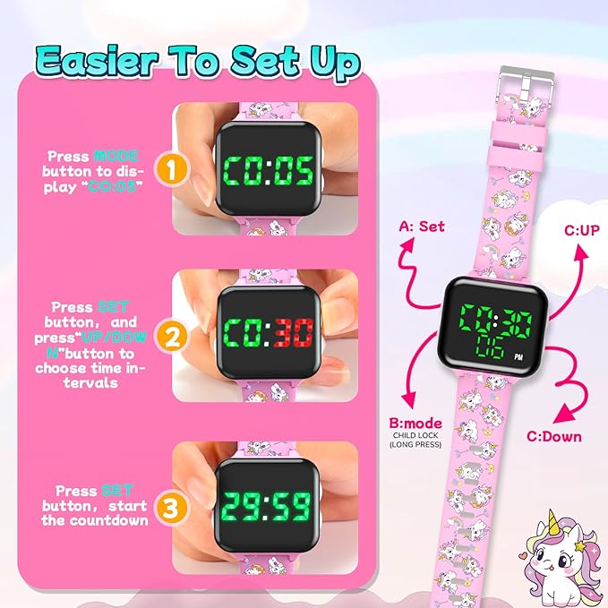 Potty Training Watch & Chart & Book for Kids: Upgrade 3 in 1 Toddler Potty Training Kit Rechargeable Toilet Reminder Unicorn Potty Training Chart with Reward Stickers for Toddler Girls (Pink)