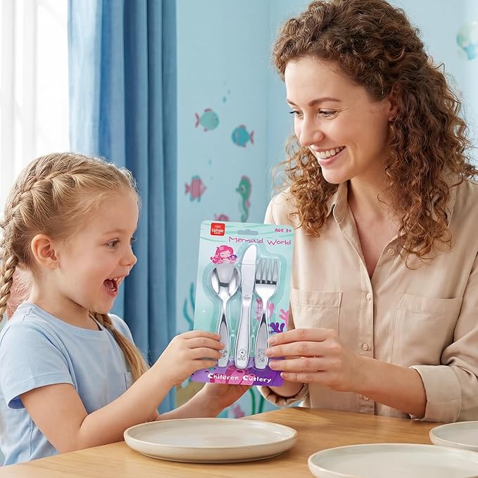 Lehoo Castle Kids Silverware 6-Piece | Stainless Steel Toddler Utensils with Spoons and Forks Knife, Children Safe Flatware for Self Feeding (Mermaids)