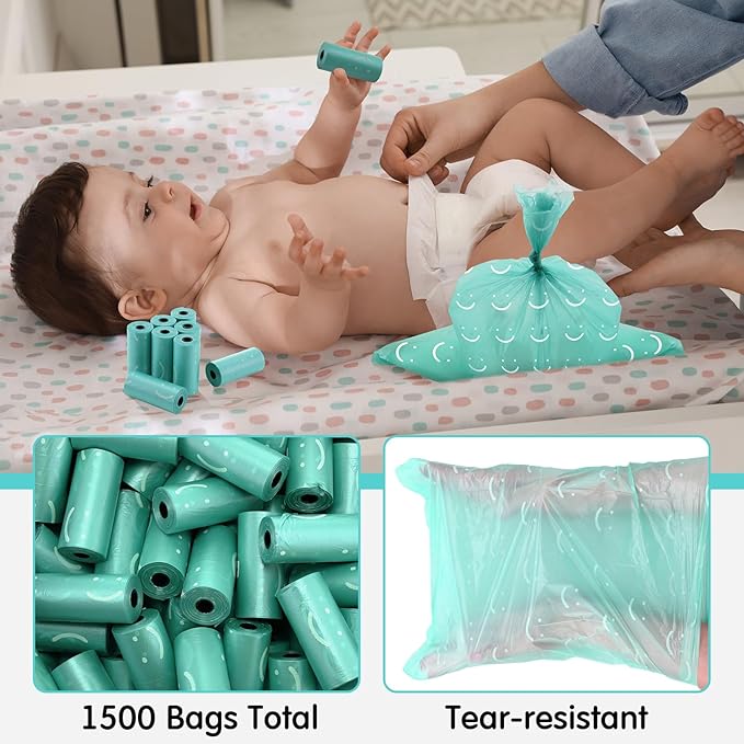 1500 Count Diaper Disposable Bags for Baby Diaper Sacks Baby Powder Scent Disposal or Pet Waste Bags, 100 Rolls(Aquamarine)