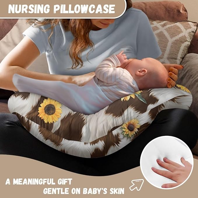 Jeiento Baby Nursing Pillow Cover Neutral Brown Cow Sunflower Newborn U-Shaped Breastfeeding Pillowcase Cushion Cover Snug Positioner Case Fits Naked Nursing Pillow for Newborn