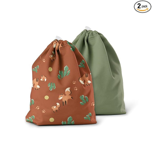 Esembly Ditty Bag Duo - Reusable Waterproof Wet Bags for Cloth Diapers, Swimsuits, Toiletries, and Snacks, Set of 2 - MC Foxes + Aloe