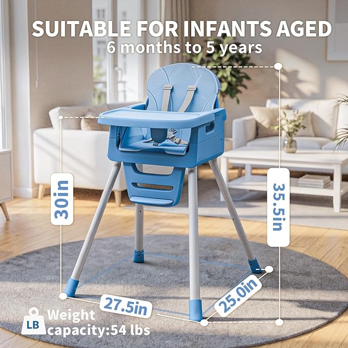 3 in 1 Convertible High Chairs for Toddlers 1-3 Baby Feeding Chair with Tray Wipeable Infant Highchair Sit Up High Chair for Babies and Toddlers with 5-Point Safety Harness & Cushion Blue