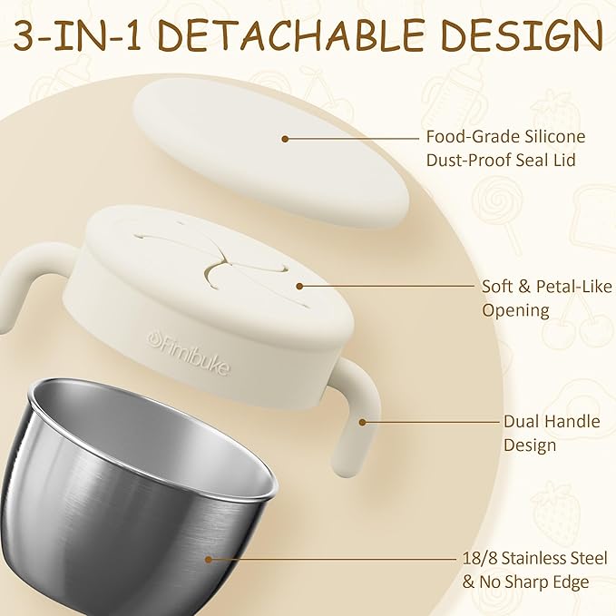 Fimibuke Snack Containers for Toddlers Kids, 12 OZ Spill Proof Stainless Steel Baby Snack Cups with Removable Silicone Food Catcher, Handles & Travel Lid BPA-Free Dishwasher Safe Food Container 2 Pack