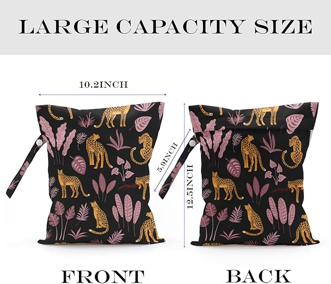 Wet Dry Bag for Swimsuit, Travel, Beach, Pool, Diapers, Gym Clothes, Makeup, Camping Accessories - Waterproof Reusable Jungle Tropical Leaves Cheetah Print